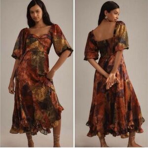 Anthropologie Hutch Printed Twist-Front Puff-Sleeve Ruffle-Hem Dres